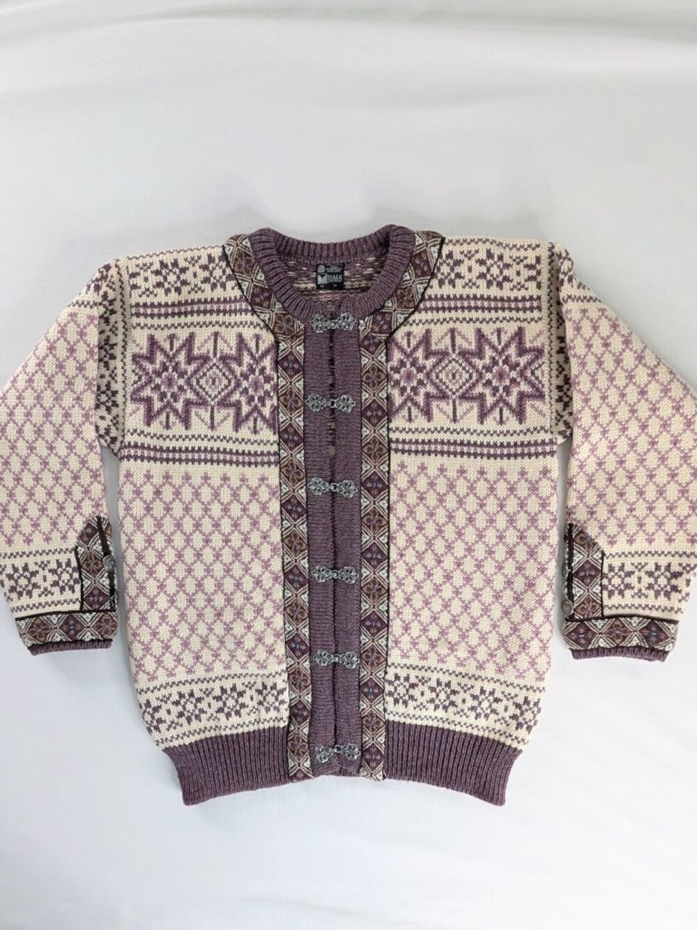 VTG Dale Of Norway Cream Mauve Purple Wool Fair Isle Metal Clasp Woven Cardigan